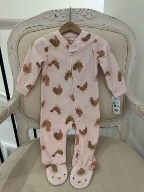 🐓 6~9 Mth Light Pink Chicken Rooster Print Footed Fleece Baby One-Piece NWT